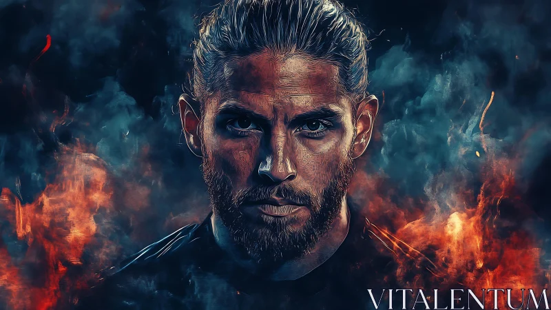 Intense male portrait framed by cinematic fire and smoke.