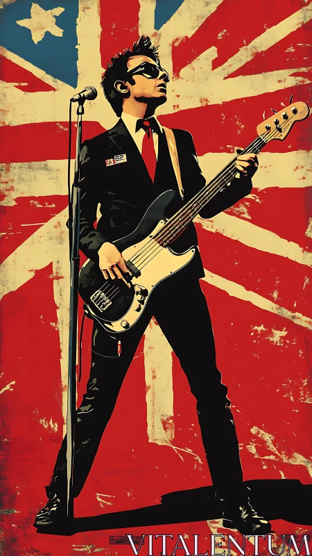 British punk bassist in suit against bold Union Jack backdrop