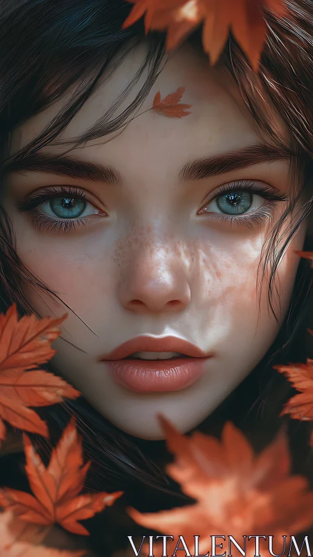 Autumn-eyed girl framed in ember leaves and whispered light.