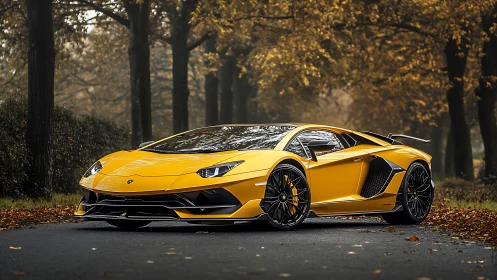 Yellow supercar is parked on a forest road in autumn