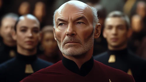 Calm starship leader standing steady among crew.