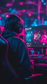 Focused gamer at RGB desktop setup in neon pink light.