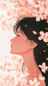 Profile portrait of woman amid pale cherry blossoms.