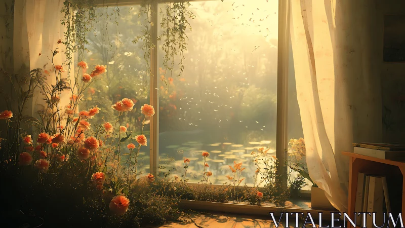 Golden hour window garden renders atmospheric interior light