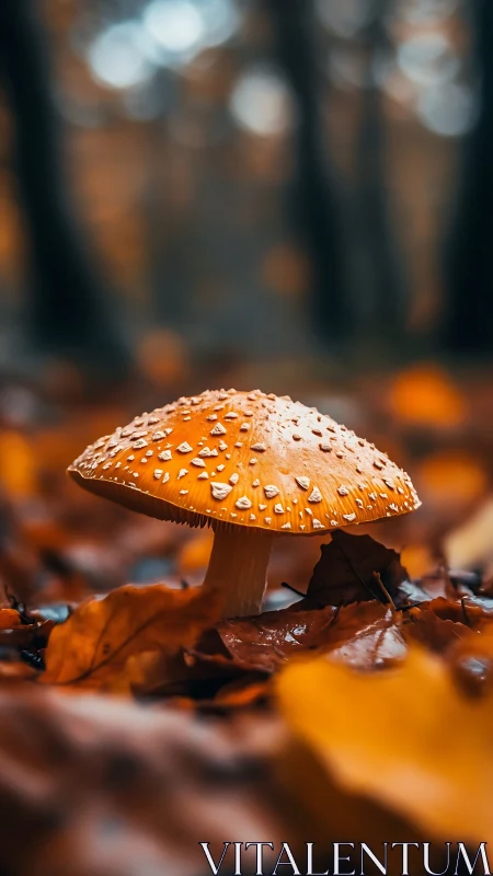 Golden woodland mushroom glows softly among autumn leaves