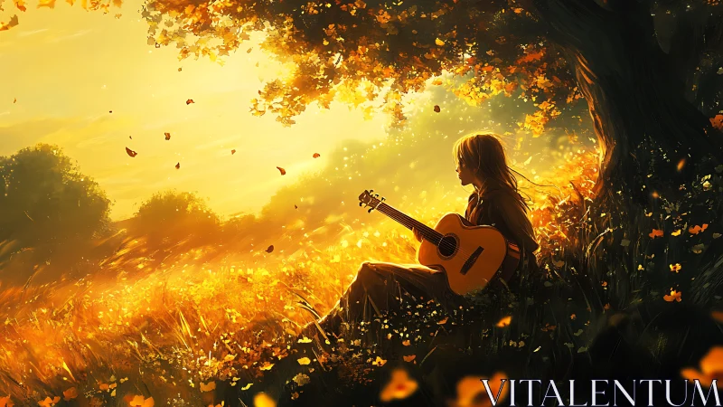 Golden hour guitarist under autumn tree in glowing meadow.