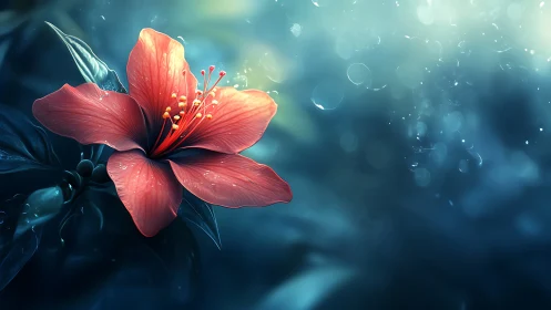 Red Hibiscus Flower in Soft Light and Bokeh.