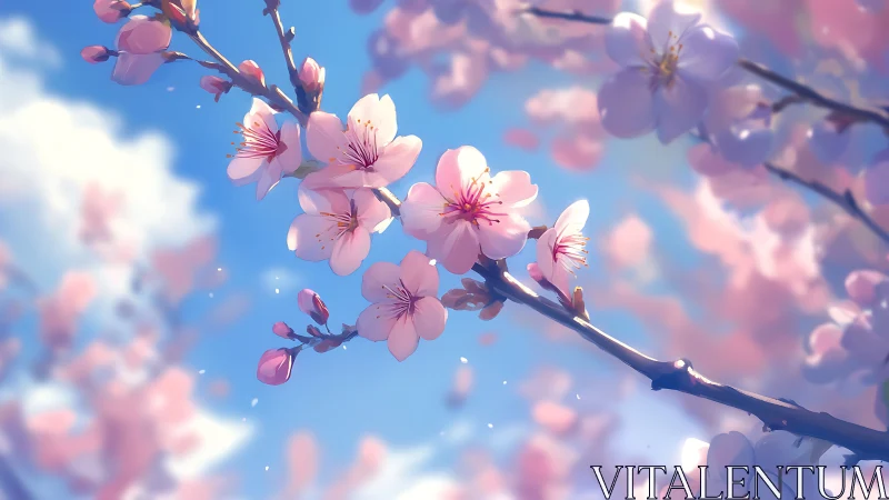 Soft pink cherry blossoms against clear blue sky.