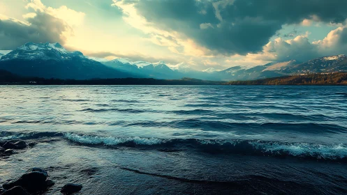 Mountain lake shoreline meets distant snow covered peaks at dusk
