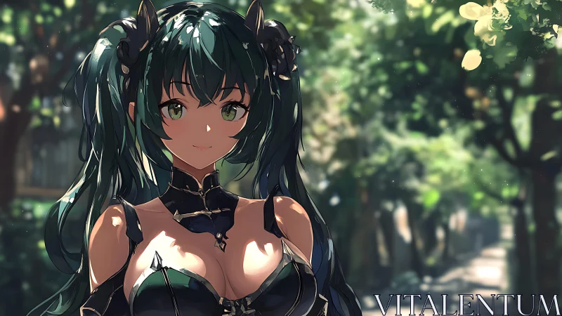 Green-haired anime character stands on sunlit tree path