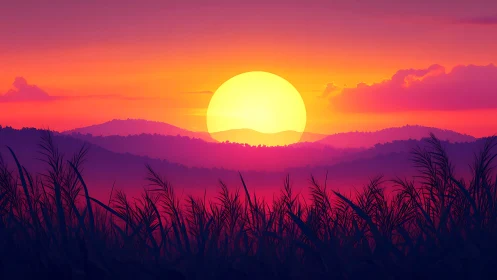 Radiant sun sinks over violet hills and wild grass silhouettes