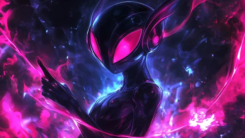Neon cyber avatar commanding swirling magenta energy field.
