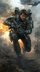 Futuristic soldier sprinting through firelit battle chaos.