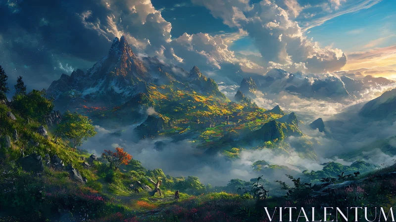 Mountain valley landscape with mist, clouds and distant figures.