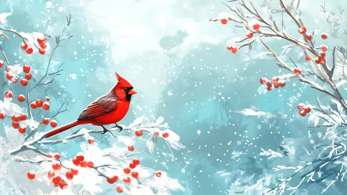 Scarlet cardinal on snowy berry branches in teal winter haze.