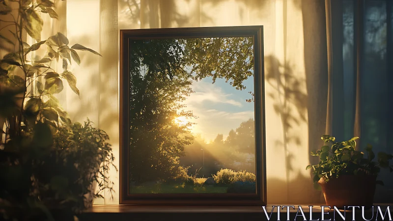 Framed landscape photograph shows sunlit garden at sunrise