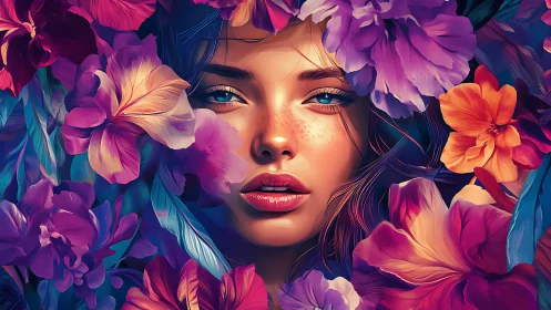 Hyperreal female portrait encircled by saturated floral gradients