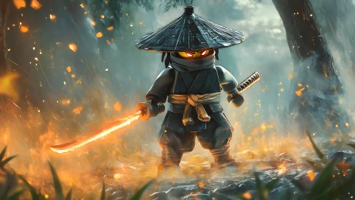 Lego fire ninja strides through stormlit forest inferno.