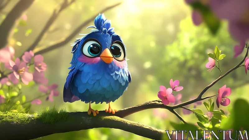 Cute Cartoon Blue Bird on Blossom Branch, Soft Spring Light.