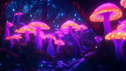 Neon bioluminescent mushrooms glowing in mystical forest.
