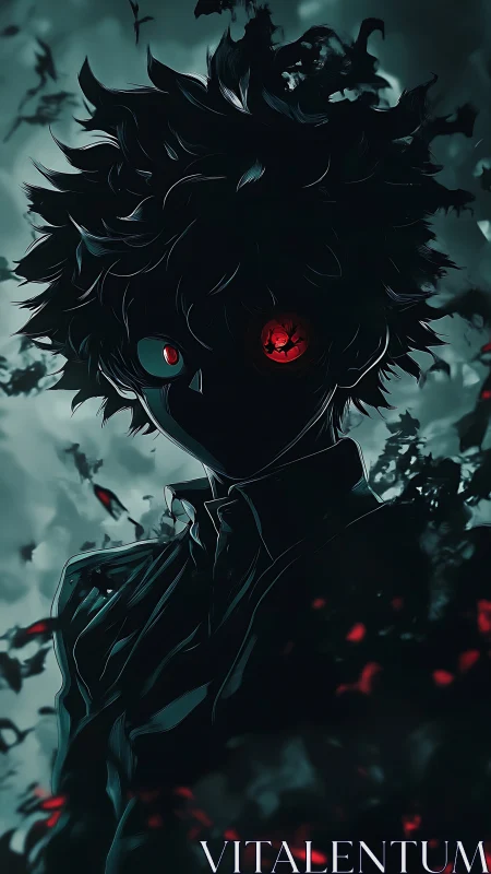 Dark anime figure stands in stormy haze with glowing eyes