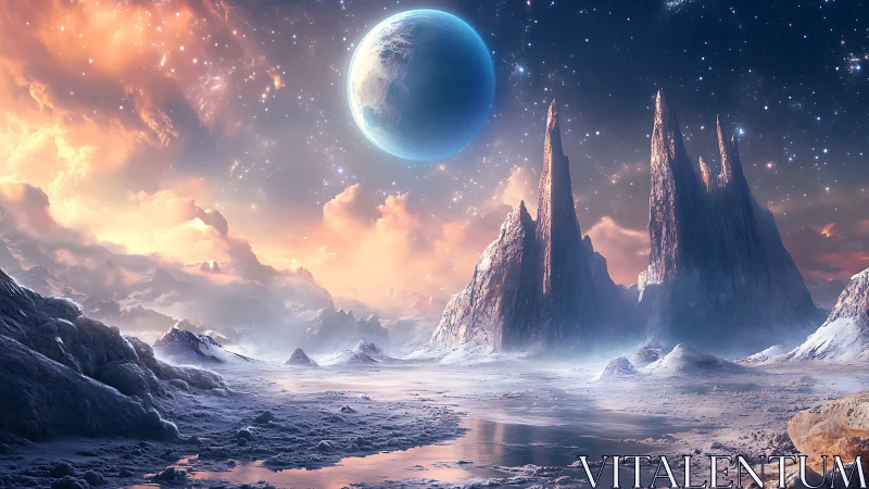 Cryogenic exoplanet valley with spire-like crystalline mesas.