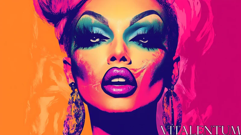 Bold pop art portrait with neon makeup and earrings.
