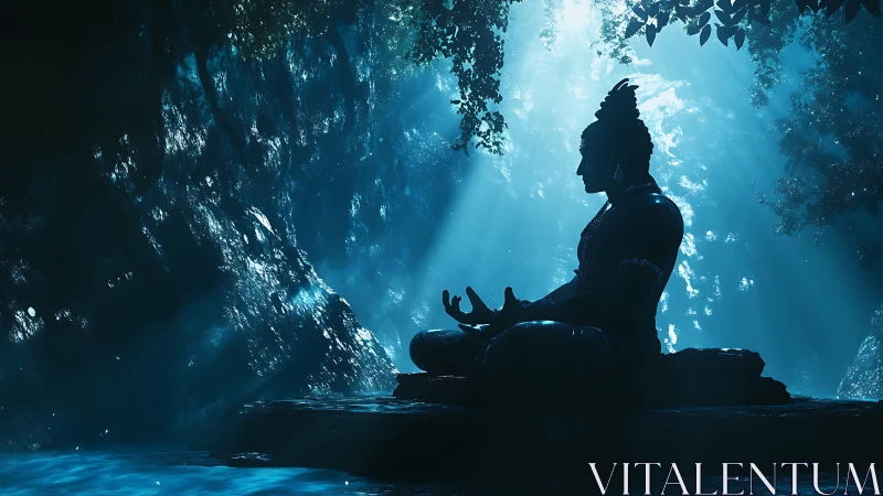 Meditating deity statue under ethereal blue forest light.