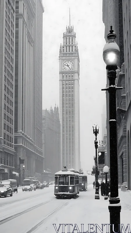 Snow-covered urban tramway aligned with tall clock tower in mist
