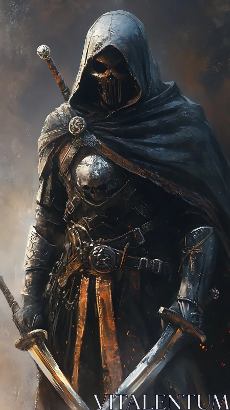 Hooded death knight in scorched armor with twin swords.