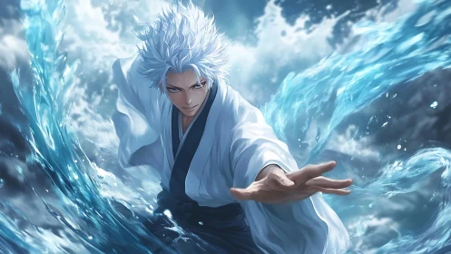 White haired anime warrior controls water with extended hand