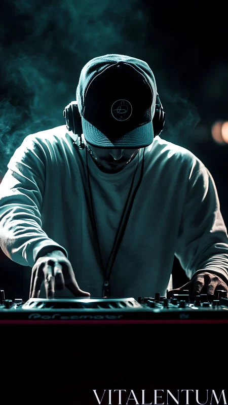 Moody night DJ shaping beats in smoky teal lights.