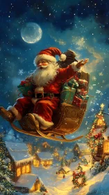 Santa glides over a glowing village beneath a winter moon