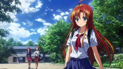 Red-haired schoolgirl walks through bright summer campus