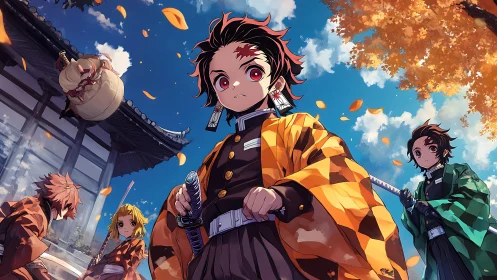 Group of sword-wielding anime youths in autumn courtyard.