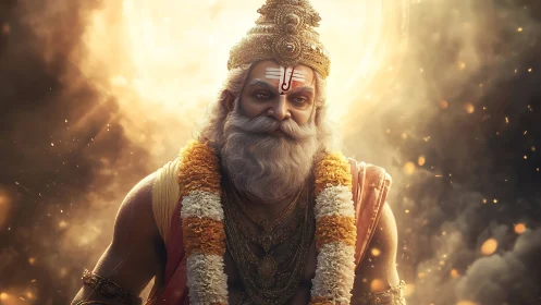 Digital render depicts ornate bearded elder before radiant halo