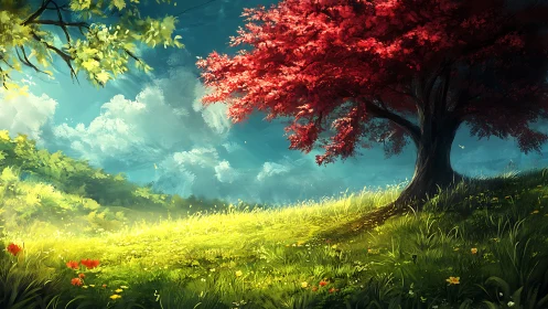 Crimson crowned tree overlooking luminous spring meadow.