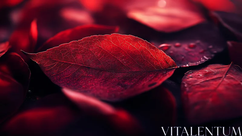 Macro study of crimson autumn leaf with shallow focus depth.