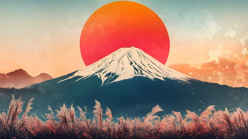 Stylized Mount Fuji silhouette under oversized red sun disc