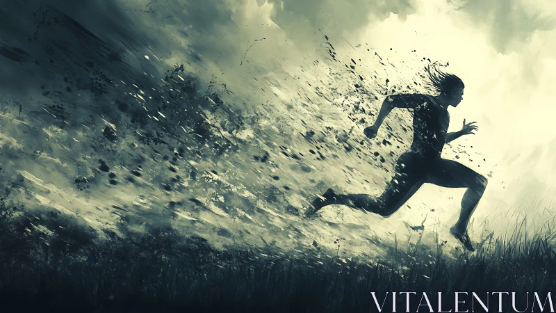 Racing forward, a lone runner breaks free in swirling light