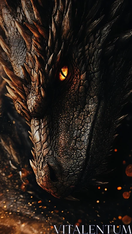 Close frontal view of scaled dragon head in dark setting.