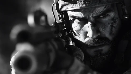 Soldier aiming rifle in intense black and white portrait.