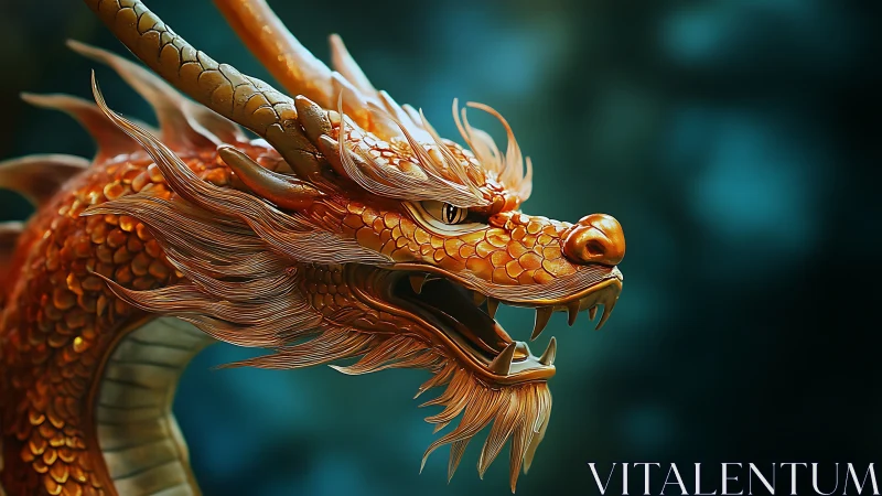 Detailed golden dragon head render against blurred teal background.