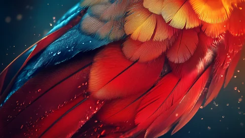 Macro view of colorful parrot feathers with water droplets.