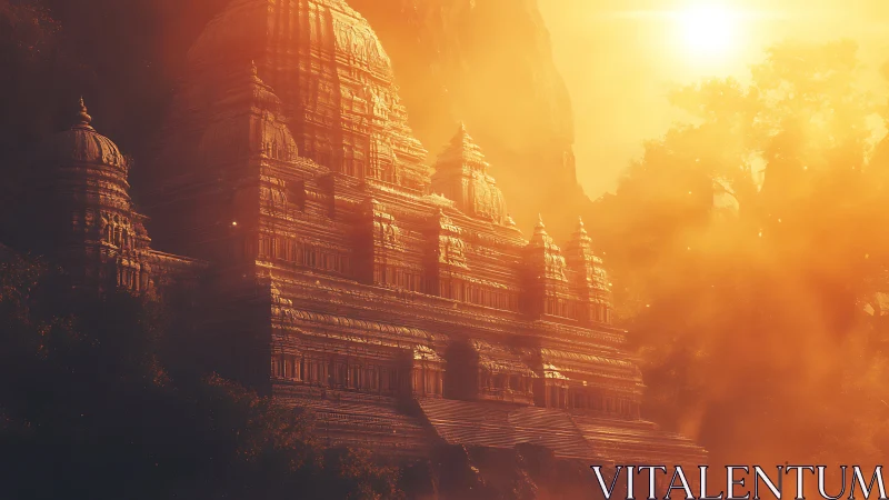 Sun-drenched jungle temple rising through radiant misty light.