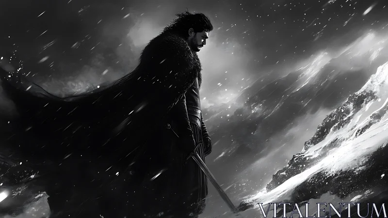 Monochrome armored sentinel surveying blizzard-swept ridge.