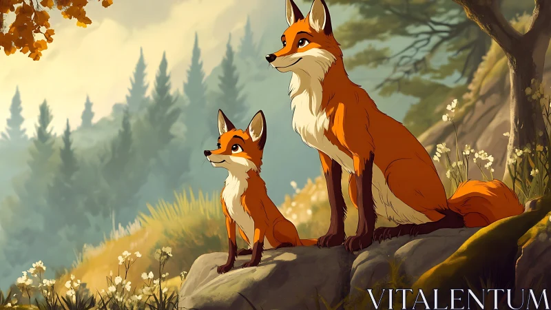 Gentle fox parent and curious pup sharing a forest moment.