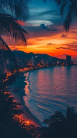 Urban littoral skyline under high-saturation tropical sunset.