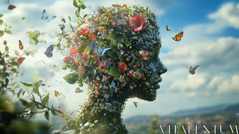 Floral human profile sculpture dissolves into butterflies and sky