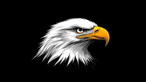 Bald eagle head illustration in bold graphic style on black background.